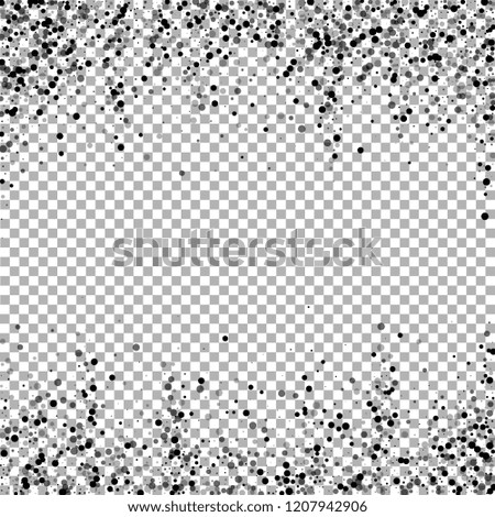 Scattered dense balck dots. Dark points dispersion on transparent background. Bizarre grey spots dispersing overlay template. Fascinating vector illustration.