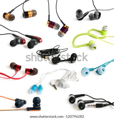 Earphones collection on the white background