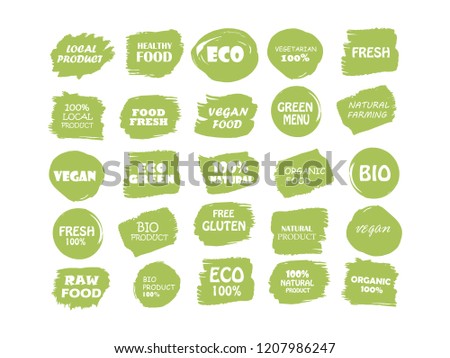 Organic, bio, eco, natural product, vegan food, natural farming, vegetarian labels. Vector collection of paint brush strokes isolated on white background. Hand drawn abstract design elements set.