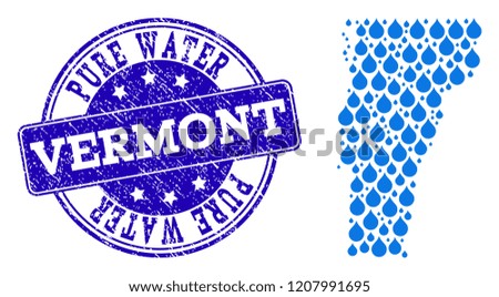 Map of Vermont State vector mosaic and Pure Water grunge stamp. Map of Vermont State composed with blue aqua drops. Seal with grunge rubber texture for pure drinking water.