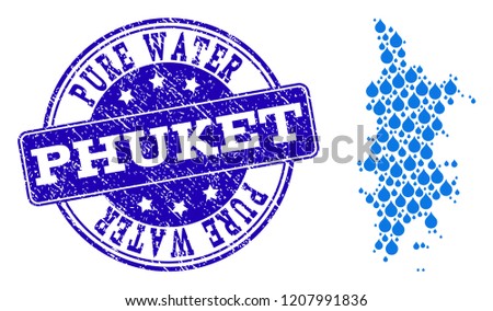 Map of Phuket vector mosaic and Pure Water grunge stamp. Map of Phuket composed with blue liquid dews. Seal with grunge rubber texture for pure drinking water.