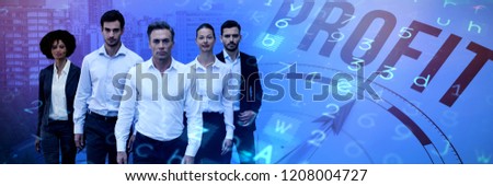 Confident business people walking against white background against compass with profit text