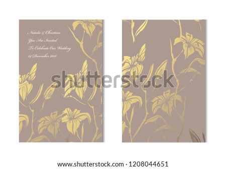 Elegant golden cards with decorative lilies , design elements. Can be used for wedding, baby shower, mothers day, valentines, birthday, rsvp cards, invitations, greetings. Golden template background