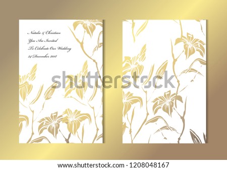 Elegant golden cards with decorative lilies, design elements. Can be used for wedding, baby shower, mothers day, valentines, birthday, rsvp cards, invitations, greetings. Golden template background