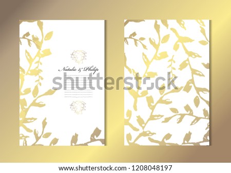 Elegant golden cards with decorative leaves, design elements. Can be used for wedding, baby shower, mothers day, valentines, birthday, rsvp cards, invitations, greetings. Golden template background