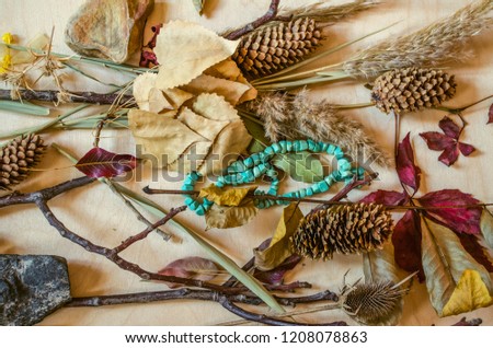 Turquoise beads on the background of yellowed leaves with fir cones,dry branches,spines on light plywood

