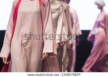 Modest Fashion Show, Catwalk Event, Runway Show, Muslim traditional women clothes Royalty-Free Stock Photo #1208078899