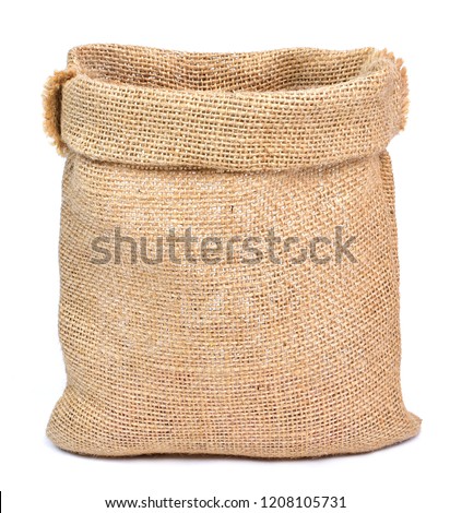 Empty burlap sack or sackcloth bag, isolated on white background. Front view, design element. Royalty-Free Stock Photo #1208105731
