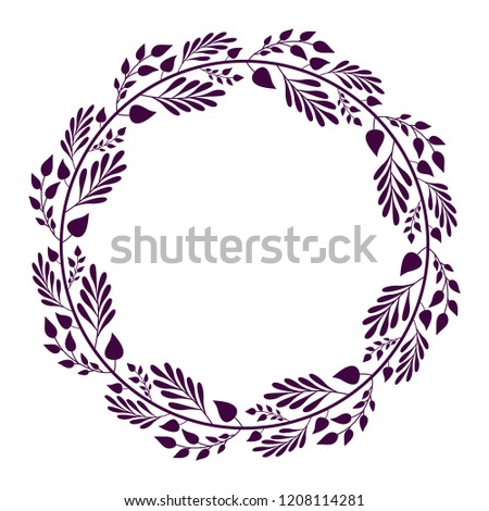 Wreath with purple branches and leaves.Decoration for greeting card,wedding invitation,save the date.Leaf frame with space for your text