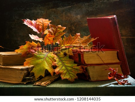 Still life with books and autumn leaves. autumn colors. oak branch.