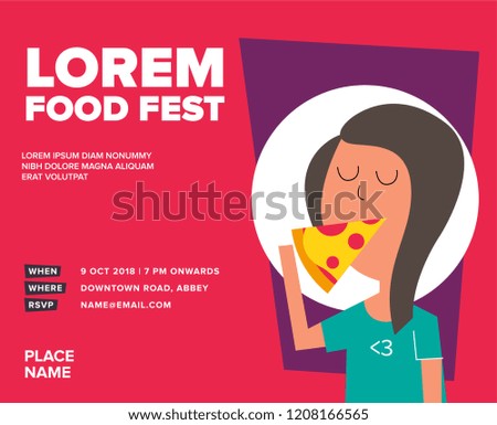 Flat Vector Illustration of hungry girl eating pizza. Pizza and girl. Pizza Design Food Fest Template