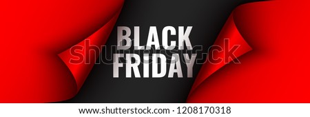 Black Friday poster. Red ribbon with curved edges on black background. Sticker. Vector illustration. Royalty-Free Stock Photo #1208170318