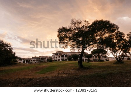 Scenic aerial view of tree and buildings on the hill against sunset golden sky, copy space