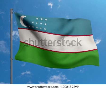 Uzbekistan national flag on blue sky background.