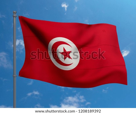 Tunisia national flag on blue sky background.