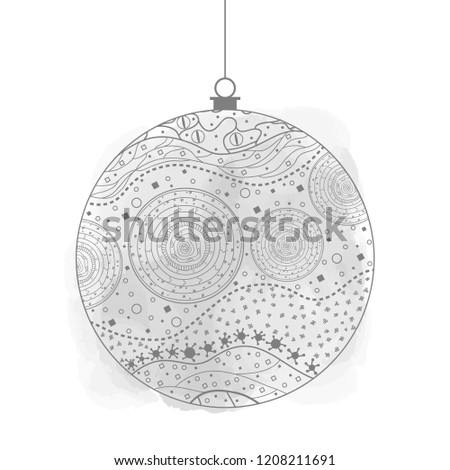Christmas tree toy on white. Happy New Year. Watercolor spot. Hand drawn xmas ball with abstract patterns on isolation background. Line art. Black and white illustration
