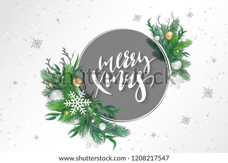 Vector illustration of christmas greeting card template with hand lettering label - merry christmas - with realistic spruce and eucalyptus branches, beads, and snowflakes.