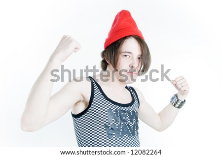 Funny emotional teenager in red hat, isolated on white background
