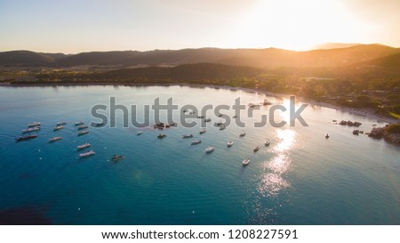 Aerial view of harbour in Corsica at sunset