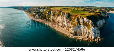Aerial view of a coastline in the south of England, near Beer in Devon.