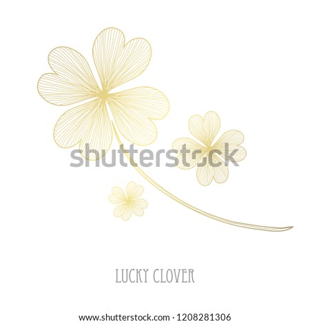 Decorative four leaf clovers, design elements. Can be used for cards, invitations, banners, posters, print design. Golden flowers