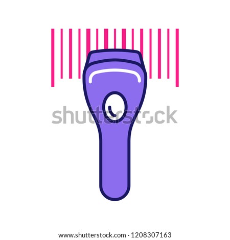 Barcode scanning color icon. Linear barcode handheld scanner. One dimensional code identification. Store, shop, supermarket. Bar code reader. Isolated vector illustration
