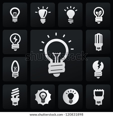 vector white bulbs icons set on black