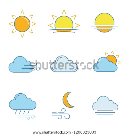 Weather forecast color icons set. Sun, sunrise, sunset, wind, cloud, partly cloudy weather, pouring rain, windy night, fog. Isolated vector illustrations