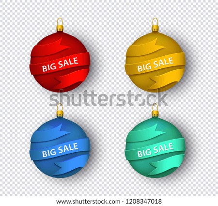 Vector christmas tree red, yellow blue green ball toy with ribbon big sale inscription set. Christmas new year holidays decoration for discounts advertising posters, banners design on transparent