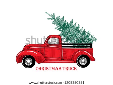 
Christmas truck. Vintage vector illustration Christmas red truck with a Christmas tree on a white background. Retro card. Color sketch.