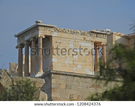 Extreme zoom photo of iconic temple of Nike in Propylaia, Acropolis hill, Athens historic center, Attica, Greece    