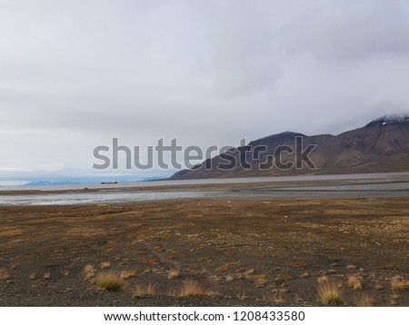 barren landscape with jagged mountain and blue water on svalbard