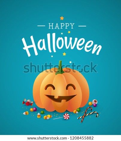 Beautiful Halloween greeting card with cute smiling orange pumpkin and candies. - Vector