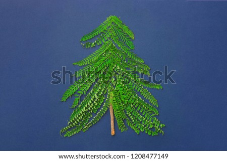 Christmas tree made from green fern twigs branches wood knot on dark blue background. New Year greeting card poster template. Holiday crafts DIY creative kids style. Copy space
