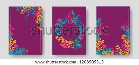 Vector invitation cards with herbal twigs and branches wreath and corners border frames. Rustic vintage bouquets with fern fronds, mistletoe twigs, willow, palm branches in magenta.