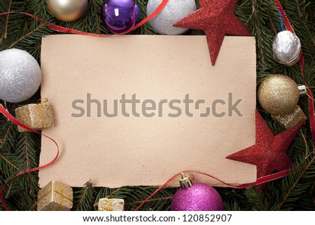 Hand made christmas paper with tree border with christmas decoration
