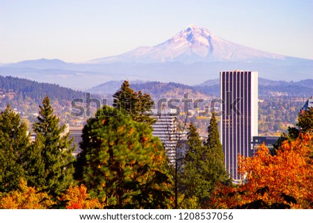Portland city skyline backdropped by the majestic Mount Hood