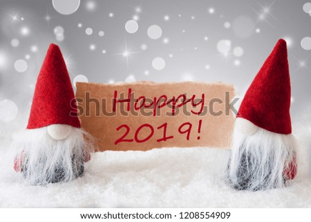 Red Gnomes With Card And Snow, Text Happy 2019