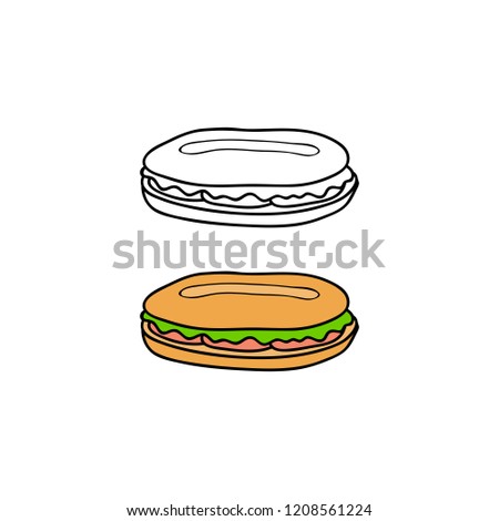 Hand drawn colored and outline long sandwich isolated on white background.