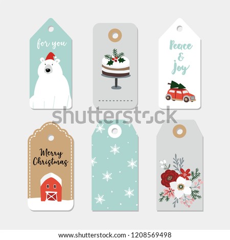 Vintage Christmas gift tags set. Hand drawn labels with winter flowers, cake, car with Christmas tree, polar bear, snowflakes and farm house. Isolated vector illustration objects.