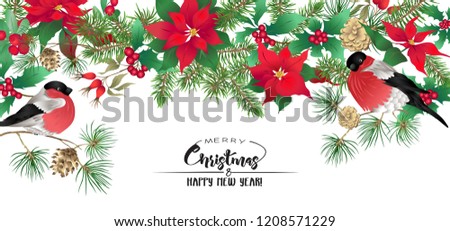 Christmas wreath of spruce, pine, poinsettia, dog rose, mistletoe and bullfinches. With Merry Christmas and Happy New Year lettering. Colored vector illustration. Isolated on white background.
