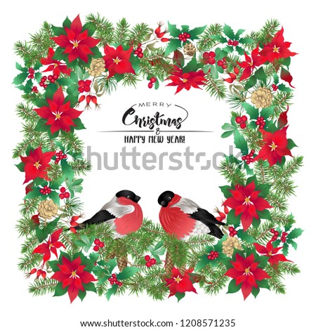 Christmas wreath of spruce, pine, poinsettia, dog rose, mistletoe and bullfinches. With Merry Christmas and Happy New Year lettering. Colored vector illustration. Isolated on white background.
