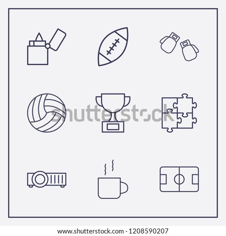 Outline 9 match icon set. cup, football pitch, rugby and lighter vector illustration