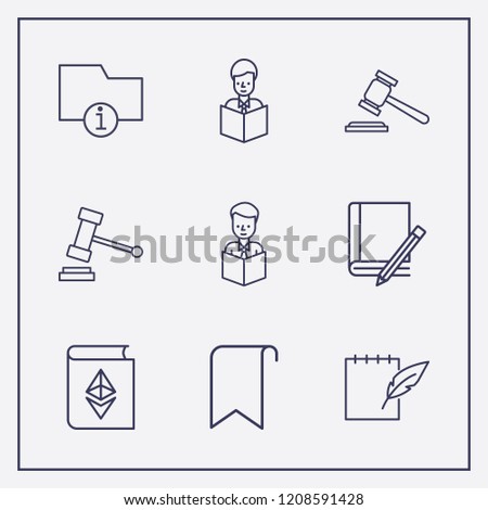 Outline 9 book icon set. gavel, bookmark, book and pencil and notebook feather pen vector illustration