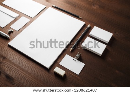 Blank stationery set on wooden background. Template for branding identity. For graphic designers presentations and portfolios.