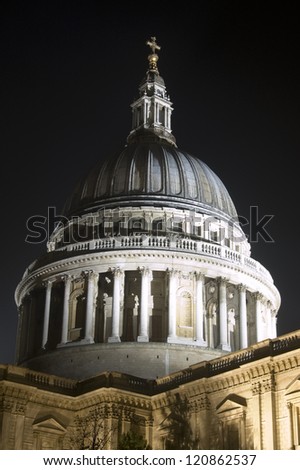 Nighttime view of the dome of Saint Paul's Cathedral, City of London. view from public footpath of historic building.