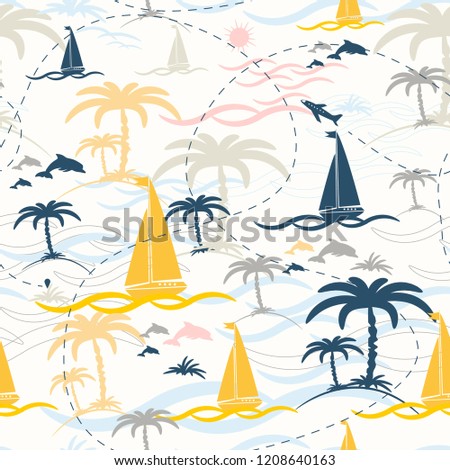 Abstract beautiful seamless pattern island. Landscape with palm trees,beach and ocean vector background.
