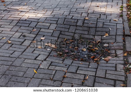 Damaged asphalt road with potholes, caused by freeze-thaw cycles in winter. Bad road. Broken pavements sidewalks on sidewalk. pavement with paving slabs with defects and cracks coming in perspective