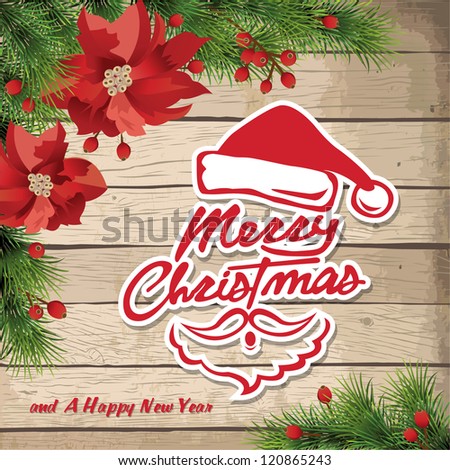 Illustration of christmas fir tree with decoration and merry christmas lettering on a wooden board background