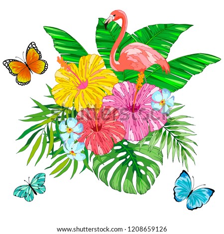 composition with tropical flowers, leaves and flamingos